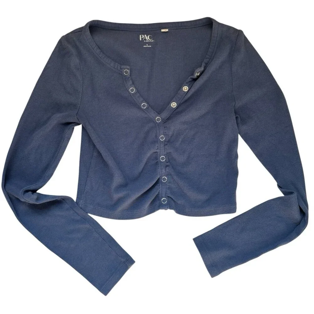 Y2K PAC Sun Blue Ribbed Snap Button Long Sleeve Crop Top Henley Shirt Sz Small